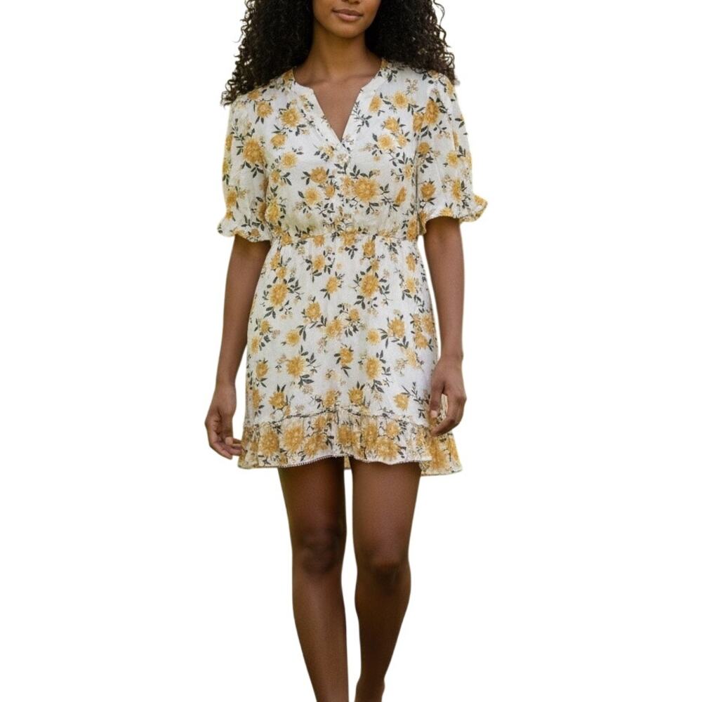 Joie Floral Puff Sleeve Mini Dress Size 10 Yellow White Tiered Cottagecore